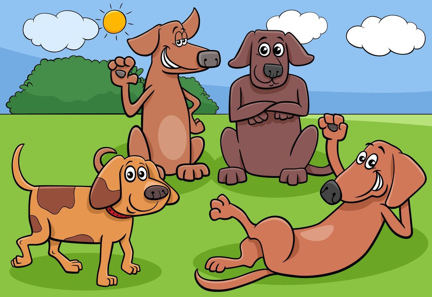 dessin animé chiens et chiots personnages groupe dans le Prairie vecteur