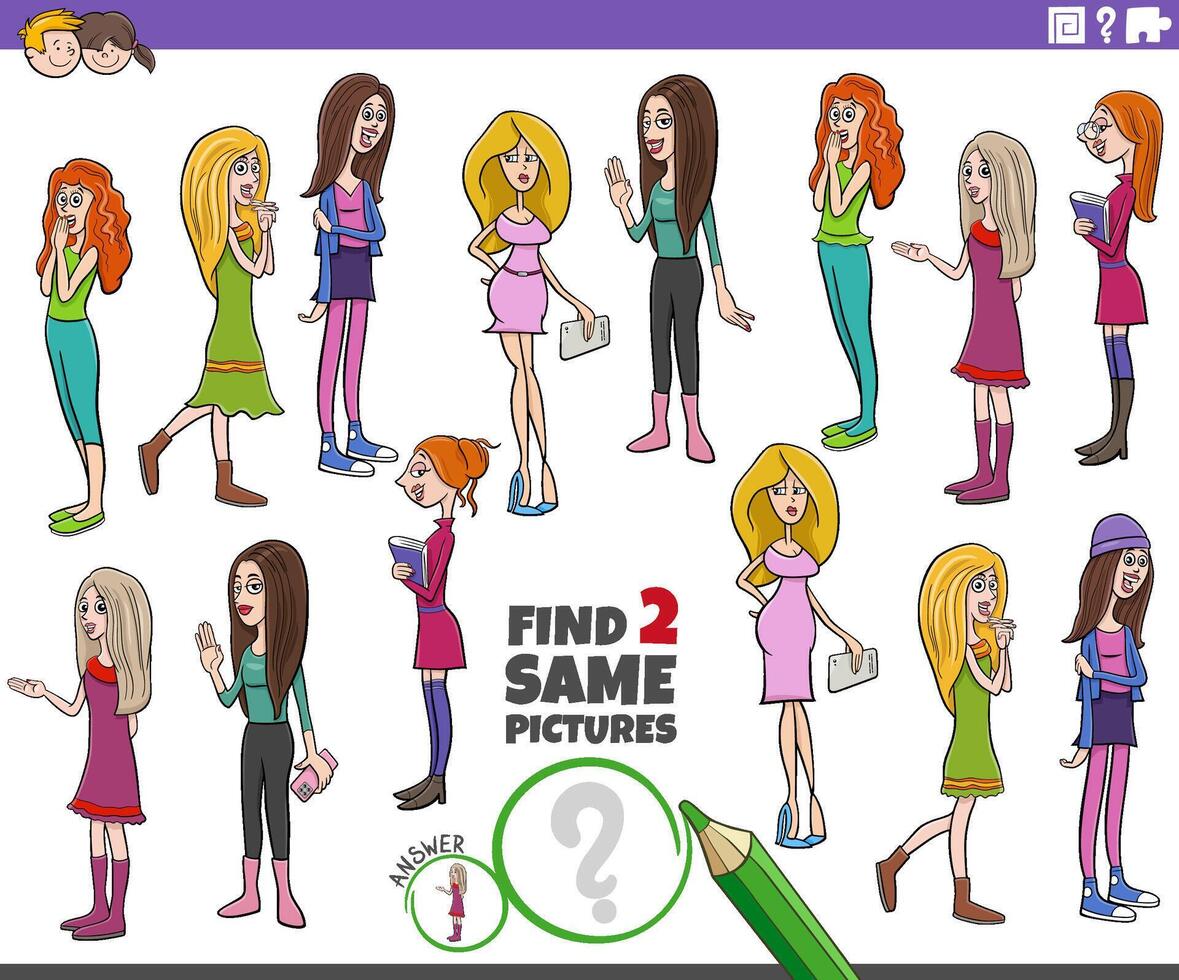 trouver deux même dessin animé les filles ou femmes personnages activité vecteur