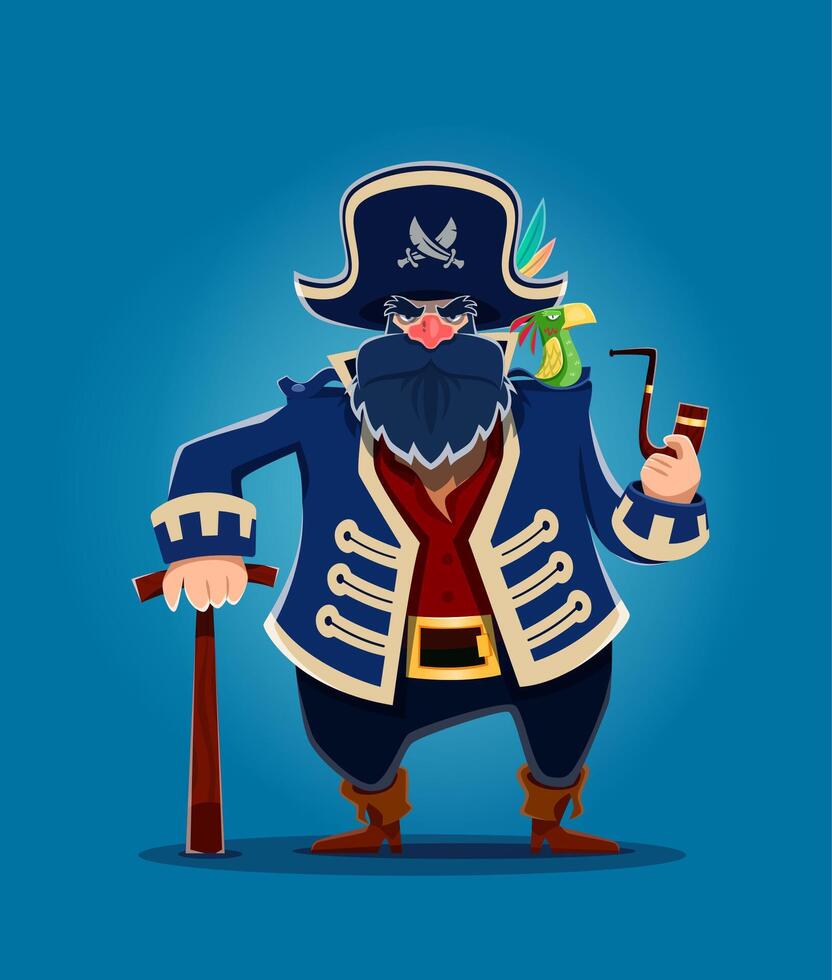 dessin animé pirate capitaine avec fumeur tuyau, perroquet vecteur