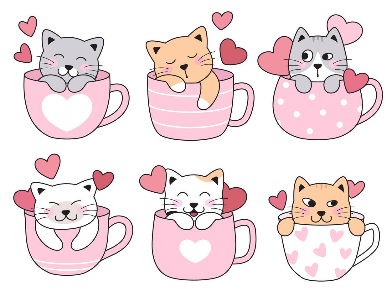 mignonne chats, chatons dans thé, café tasses, des tasses avec cœurs. dormant, cache, content, l'amour animaux domestiques. ensemble de Facile l'amour dessin animé dessins. vecteur