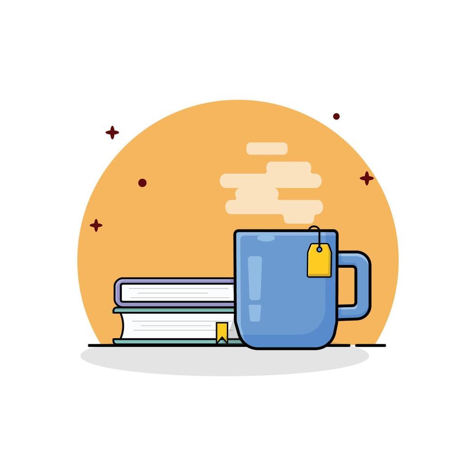 chaud thé dans une tasse à thé à côté de certains livre vecteur illustration. thé temps concept