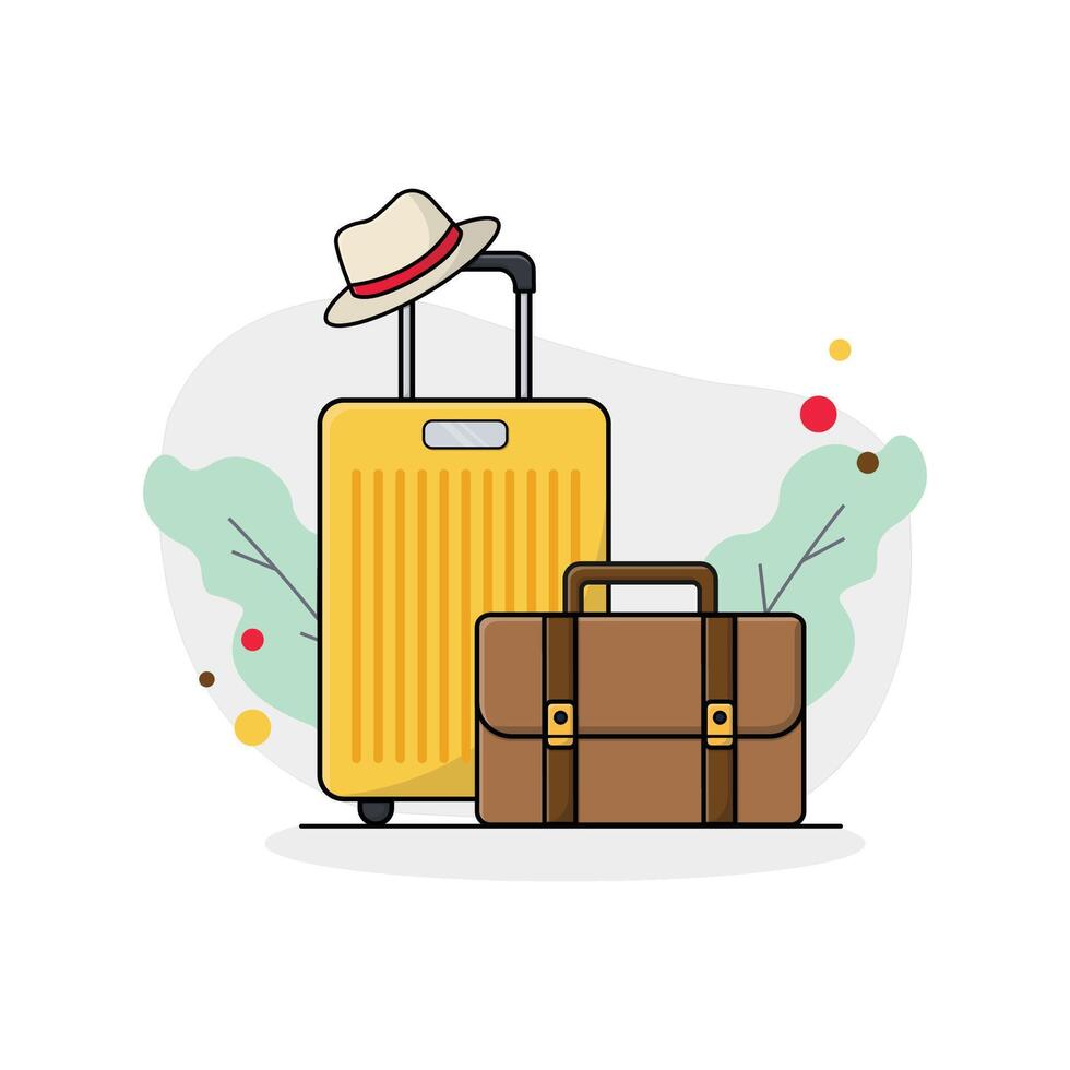 Voyage bagage avec chapeau vecteur illustration. Voyage concept