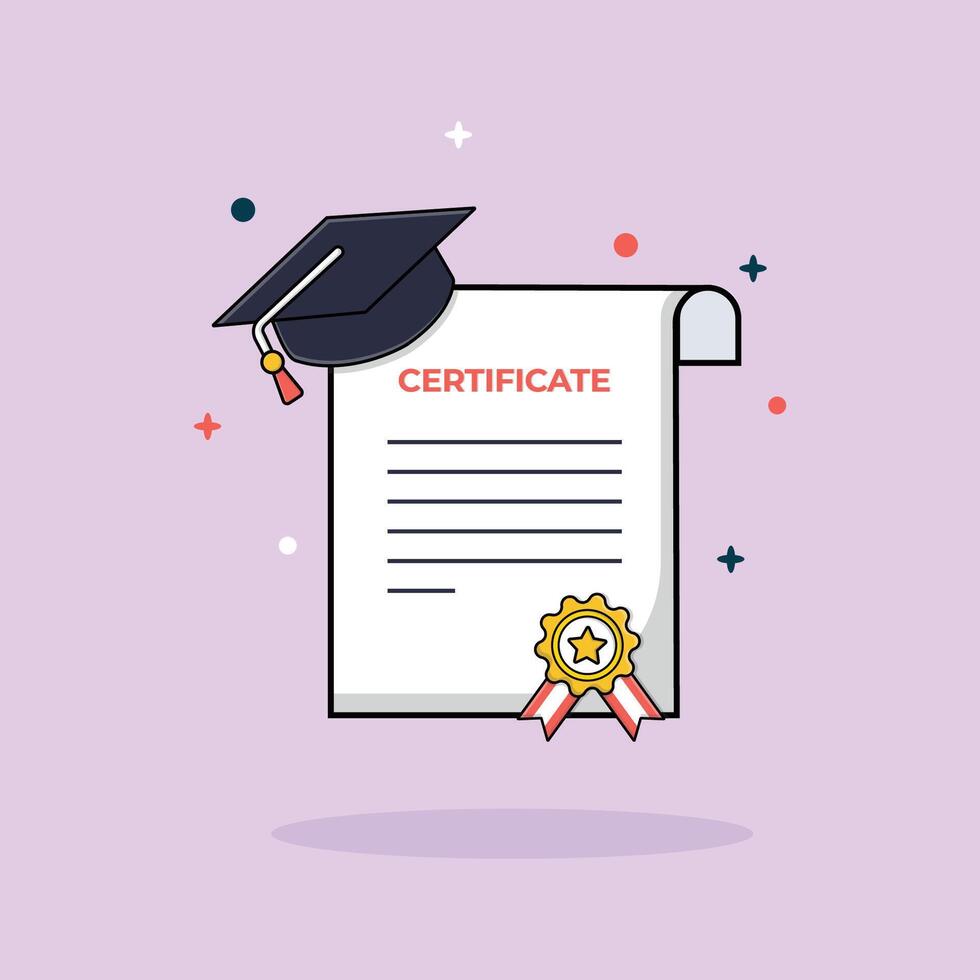 l'obtention du diplôme certificat avec médaille et chapeau vecteur illustration.