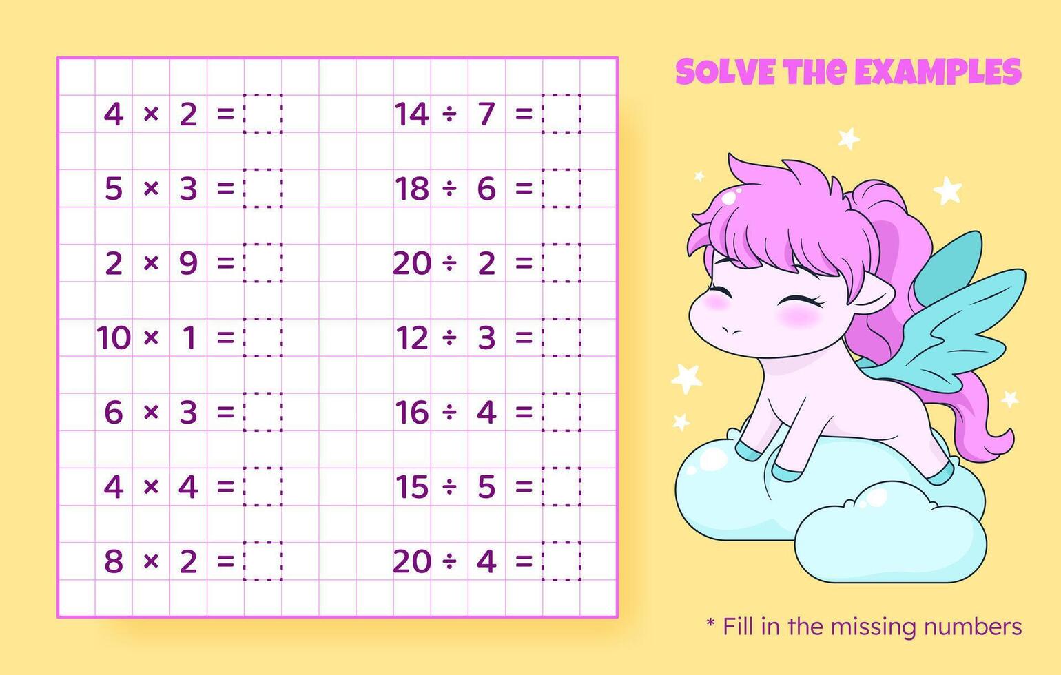 résoudre le exemples. multiplication et division en haut à 20. mathématique puzzle jeu. feuille de travail pour préscolaire enfants. vecteur illustration. dessin animé éducatif Jeu avec mignonne poney pour les enfants.