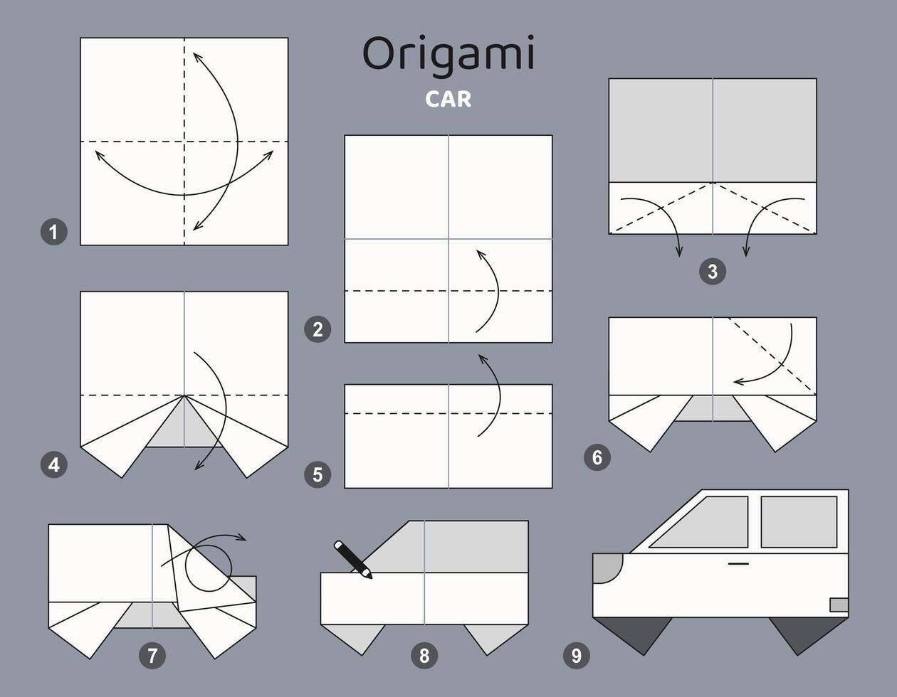 voiture origami schème Didacticiel en mouvement modèle. origami pour enfants. étape par étape Comment à faire une mignonne origami transport. vecteur illustration.