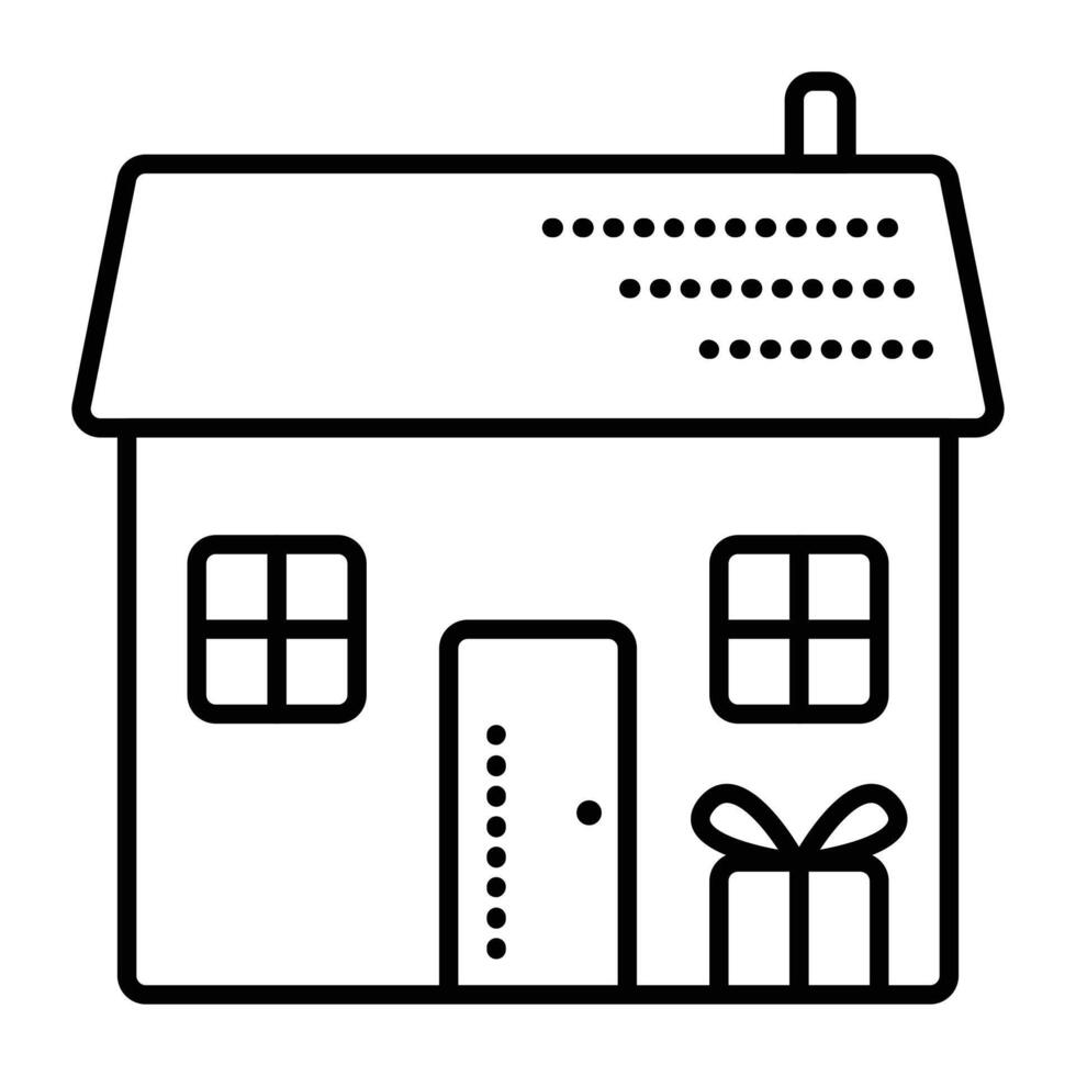 livraison à maison, noir ligne vecteur icône, pictogramme de maison et cadeau près le porte