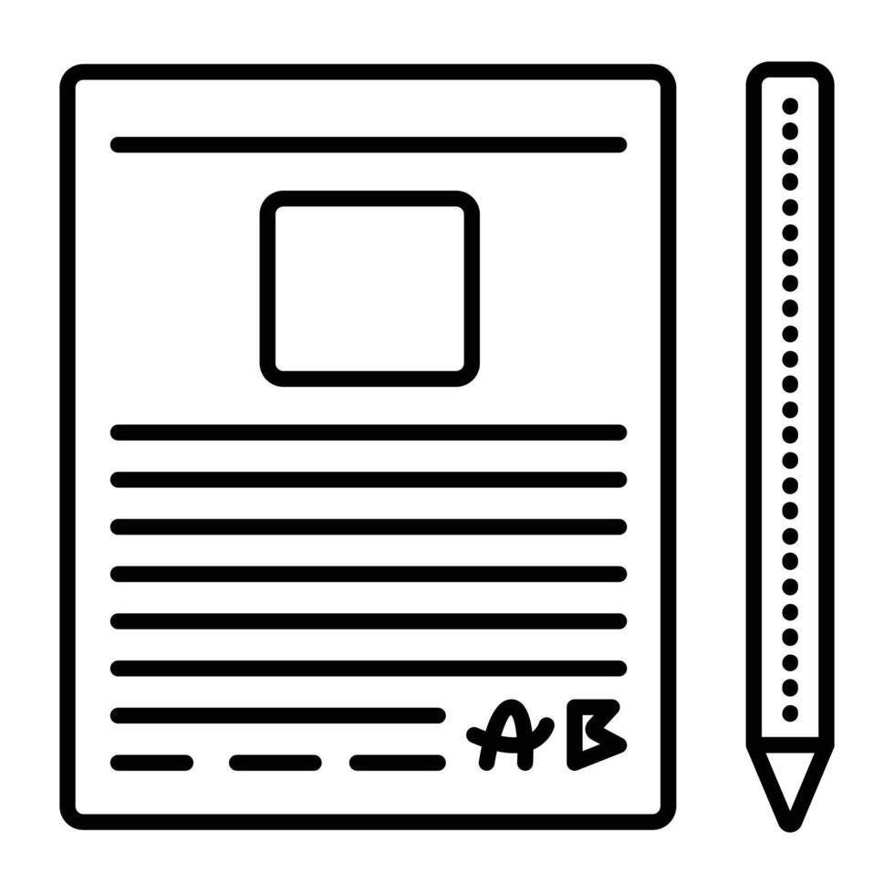 document modèle et stylo, noir ligne vecteur icône, pictogramme de une papier forme avec endroit pour une photo, conditionnel texte et Signature