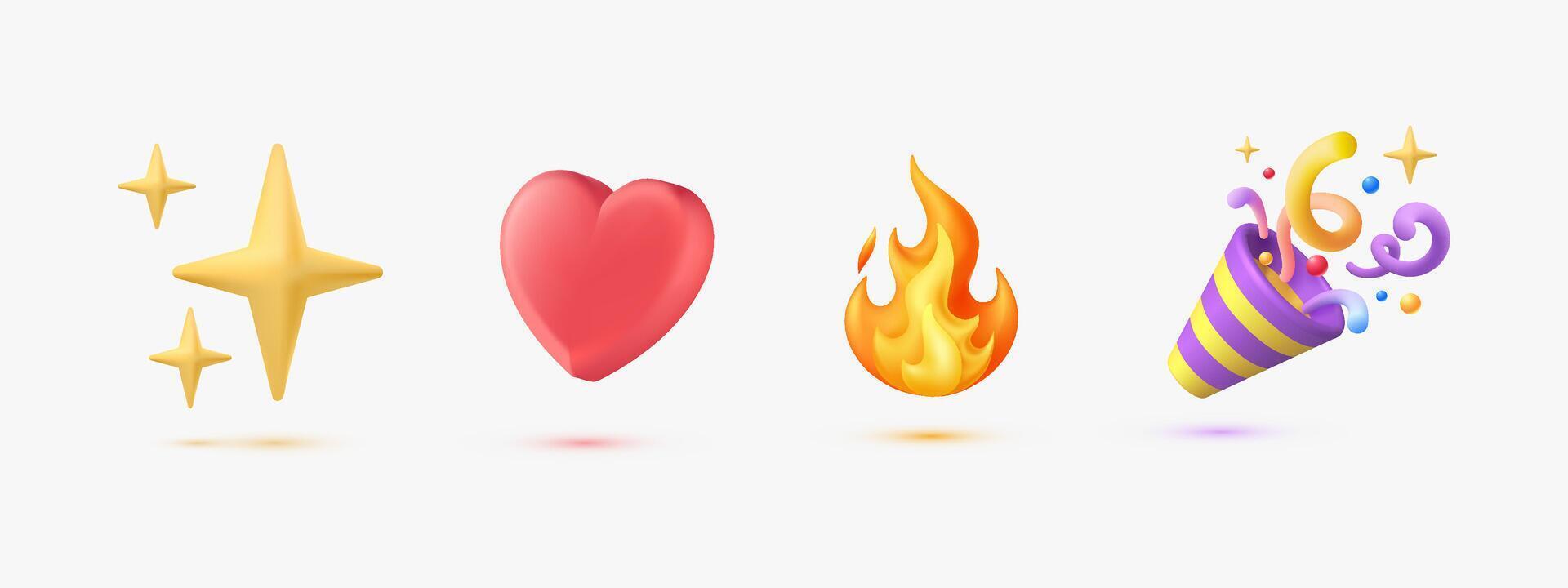 3d emoji fête popper, aimer, scintille et flamme icône illustration vecteur