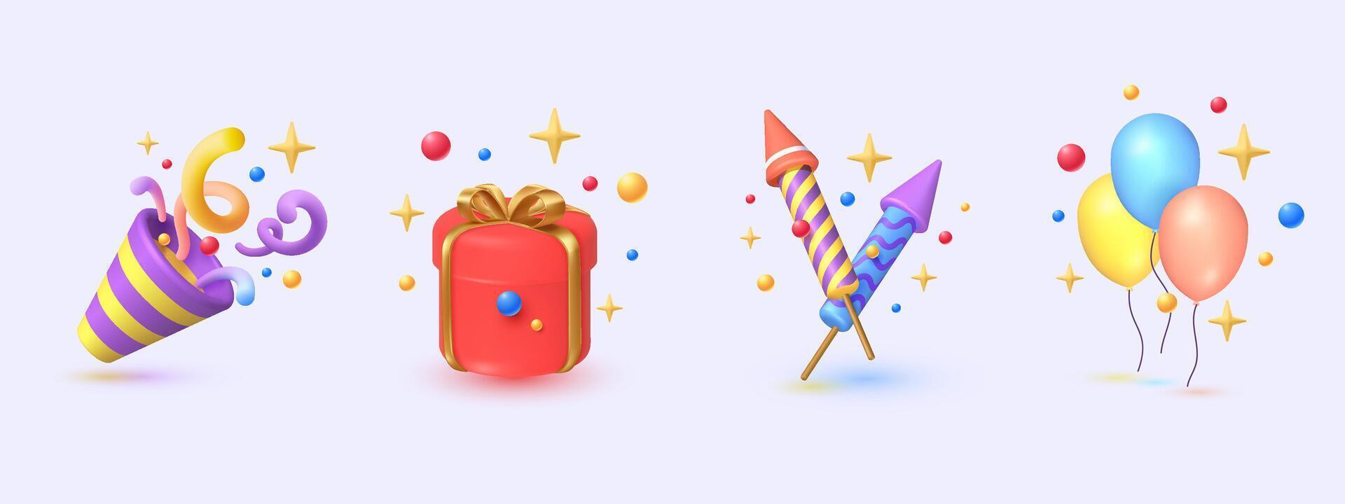 3d icône confettis fête popper, cadeau boîte, feu d'artifice et ballon illustration vecteur