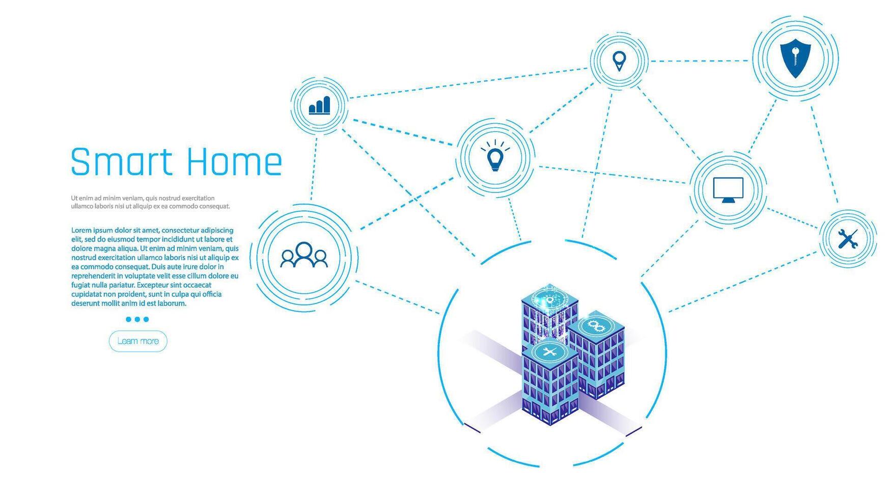 bannière de intelligent Accueil technologie. le bâtiment consiste de Nombres et est connecté par Icônes de Ménage intelligent dispositifs. intelligent Accueil la gestion système. vecteur