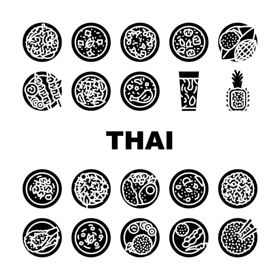 thaïlandais cuisine nourriture asiatique plat Icônes ensemble vecteur