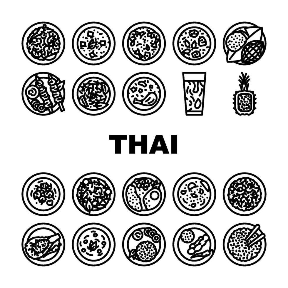 thaïlandais cuisine nourriture asiatique plat Icônes ensemble vecteur