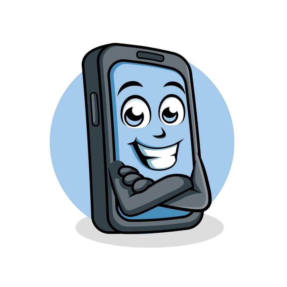 intelligent téléphone dessin animé personnage traverser bras content mascotte vecteur illustration clipart