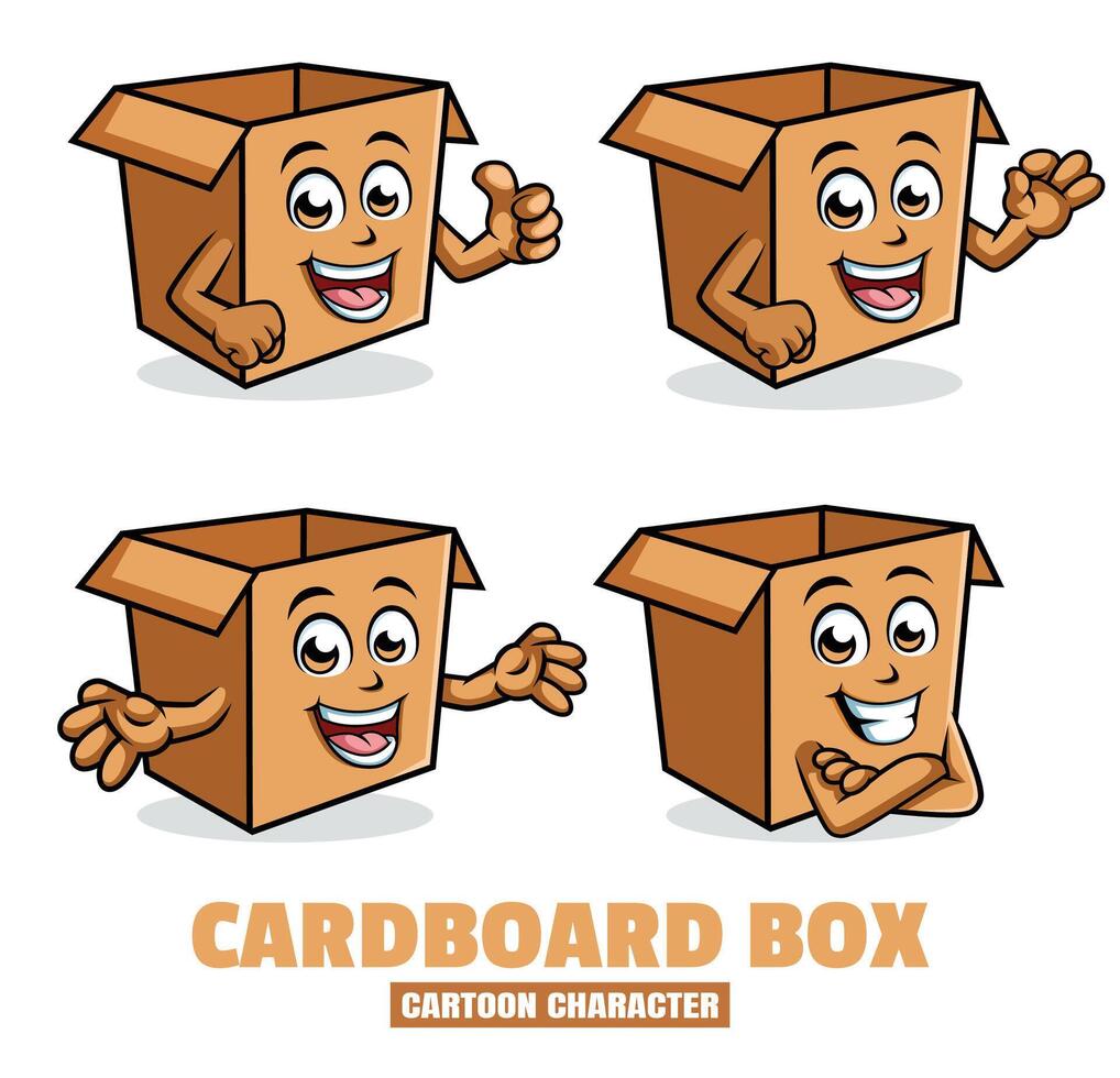 papier carton boîte dessin animé mascotte personnage vecteur illustration ensemble dans différent pose, pouce en haut, d'accord, surprise