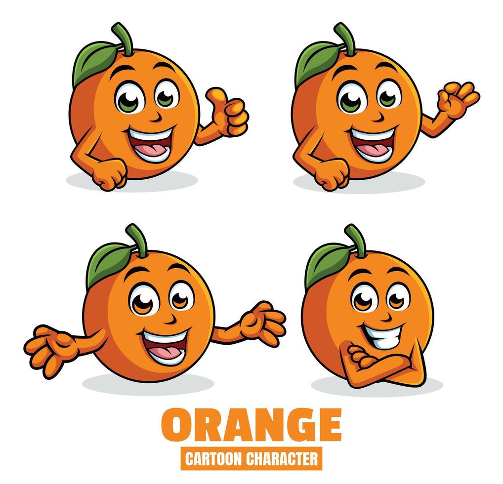 Orange dessin animé mascotte personnage vecteur illustration ensemble dans différent pose, pouce en haut, d'accord, surprise
