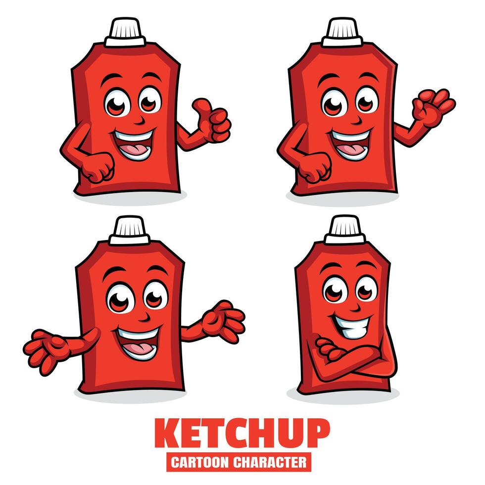 ketchup dessin animé mascotte personnage vecteur illustration ensemble dans différent pose, pouce en haut, d'accord, surprise