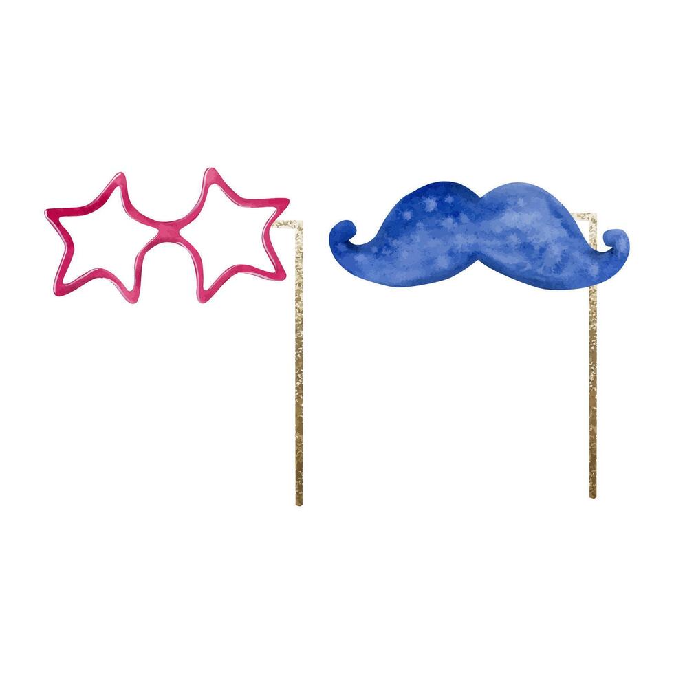 photo cabine pourim coloré accessoires pour fête - étoile des lunettes et moustaches sur pétillant or bâton vecteur aquarelle illustration