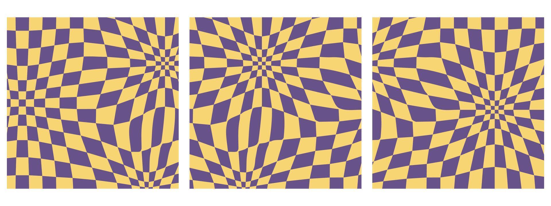 ensemble de carré Années 70 ambiance sensationnel damier motifs. abstrait la grille arrière-plans dans une psychédélique rétro style dans Jaune et violet couleurs. vecteur