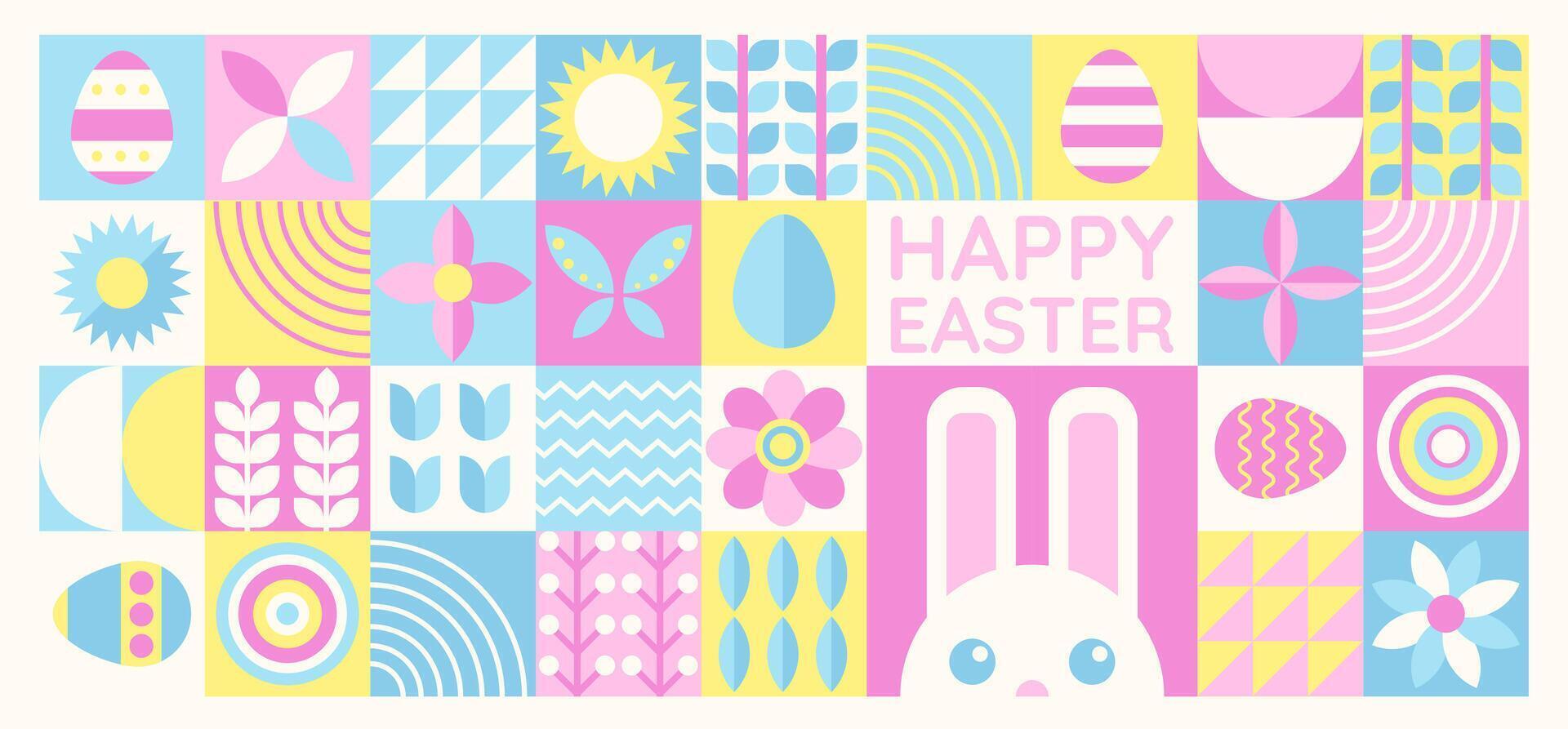 content Pâques bannière avec plat graphique éléments et symboles de le vacances, décoré des œufs et lapin, les plantes dessins. vecteur illustration avec texte salutation.