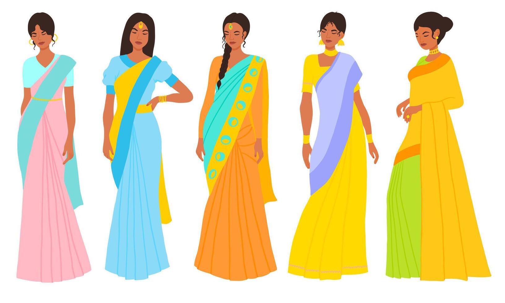 Indien femmes portant sari vecteur illustration. Indien traditionnel Vêtements