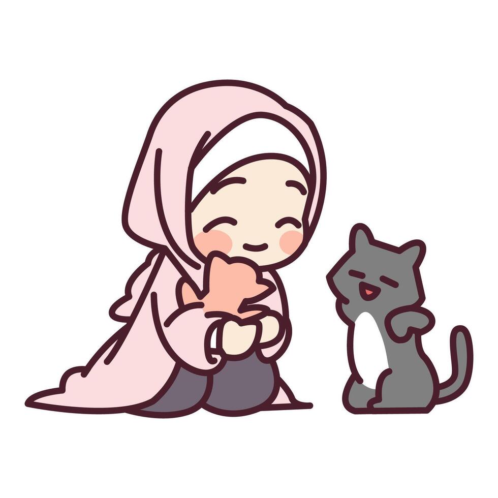 mignon une fille musulmane et une illustration de dessin animé de chat vecteur