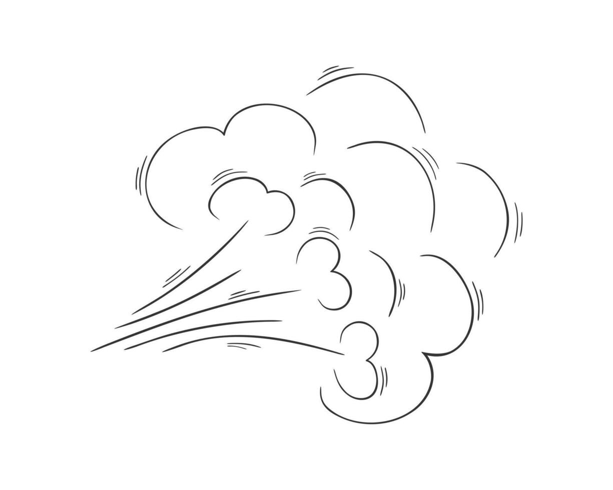 griffonnage air couler ou vent coup effet icône. tourbillon, rafale, fumée, poussière dans dessin animé main tiré style vecteur