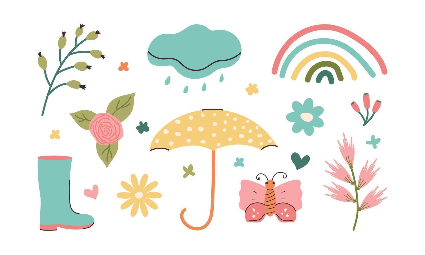griffonnage printemps éléments pour autocollants ou décoration de cartes et affiches. main tiré parapluie, papillon, arc en ciel et fleurs. lumière mignonne minimaliste printemps collection. vecteur