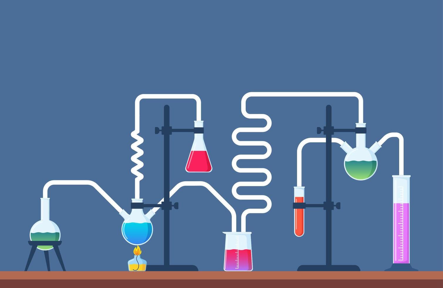 chimique laboratoire avec différent verre flacons, flacons, des tubes à essai avec substance et réactifs. laboratoire recherche, essai, études dans chimie, la physique, la biologie. bannière, affiche. vecteur illustration.