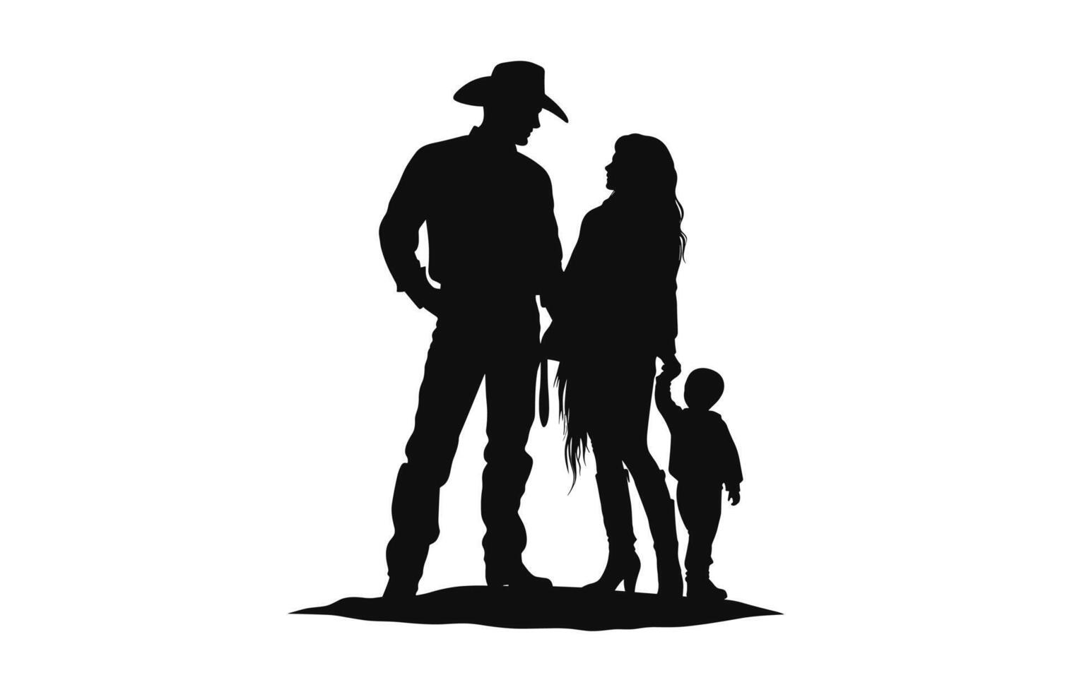 une content cow-boy famille silhouette noir vecteur isolé sur une blanc Contexte