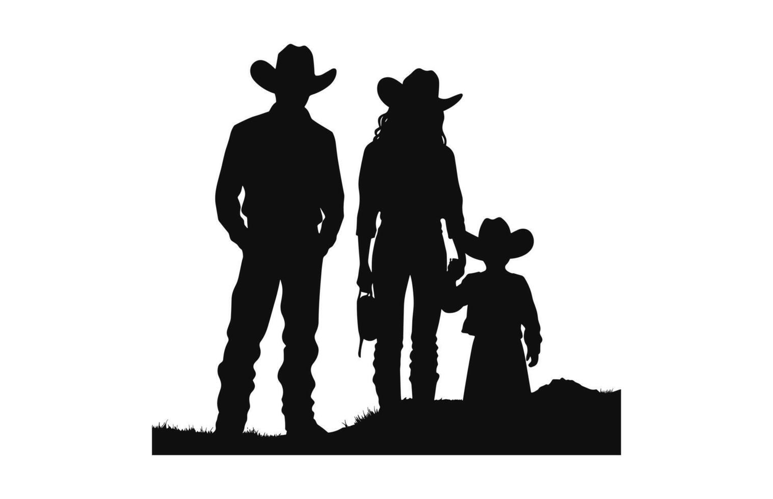 une content cow-boy famille silhouette noir vecteur isolé sur une blanc Contexte