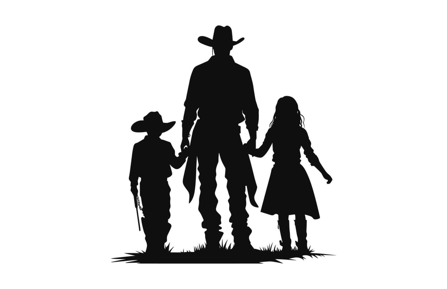 content cow-boy famille silhouette noir vecteur isolé sur une blanc Contexte