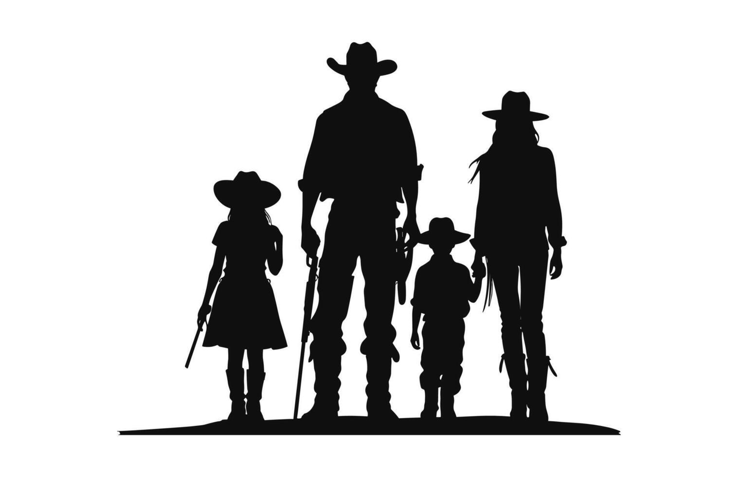 une content cow-boy famille silhouette noir vecteur isolé sur une blanc Contexte