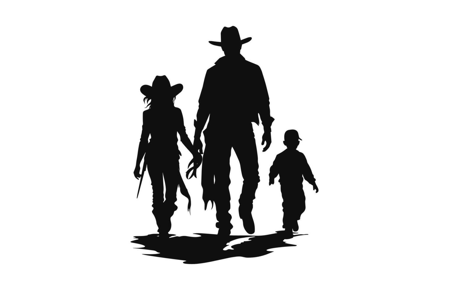 content cow-boy famille silhouette noir vecteur isolé sur une blanc Contexte