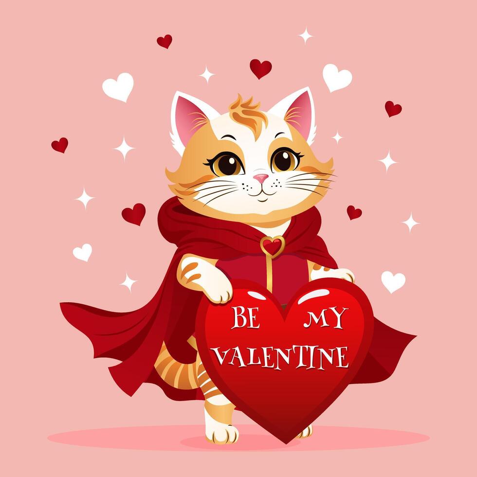 vecteur illustration avec une mignonne chat et une cœur pour valentines journée. Valentin carte avec mignonne animaux dans dessin animé style.
