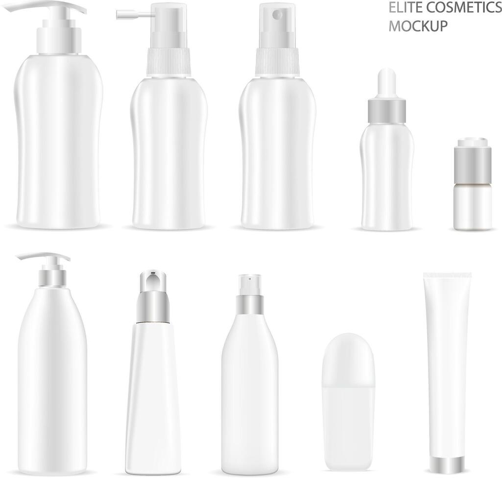 blanc cosmétique bouteilles emballage maquette ensemble. vecteur illustration de élite produits de beauté bouteilles avec vaporisateur, distributeur et compte-gouttes, crème tube, déodorant rouleau. haute qualité modèle prêt pour votre conception.