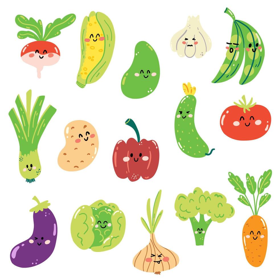 ensemble de main tiré des légumes dans dessin animé kawaii style. mignonne mûr légumes dans puéril style pour imprimer, menu, des gamins jeu. vecteur