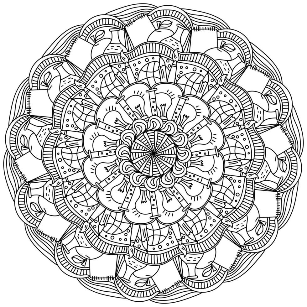 fleuri mandala sur le thème de éducation et science, coloration page avec griffonnage tourbillonne et motifs vecteur