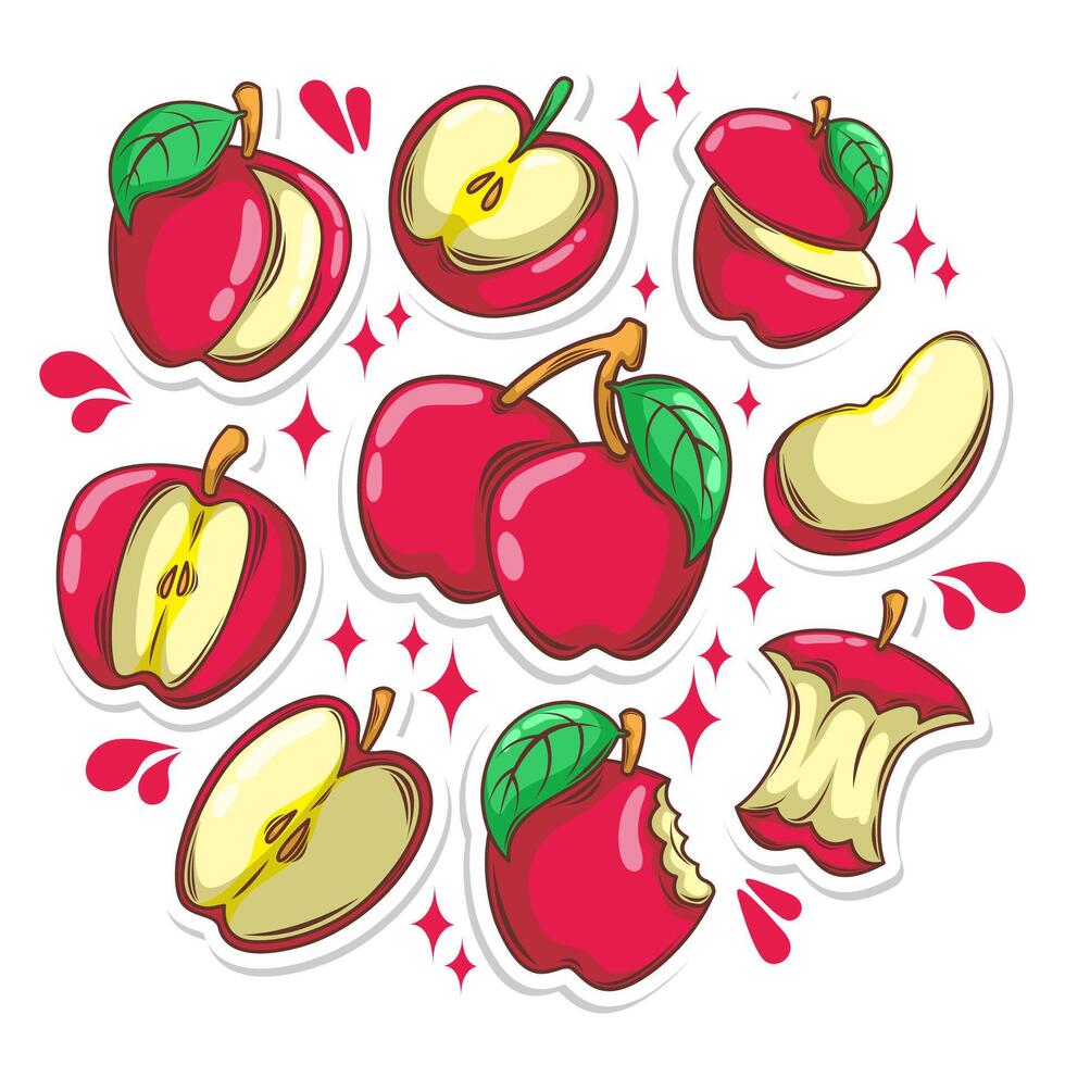 Pomme fruit dessin animé collection ensemble. main dessiner style vecteur