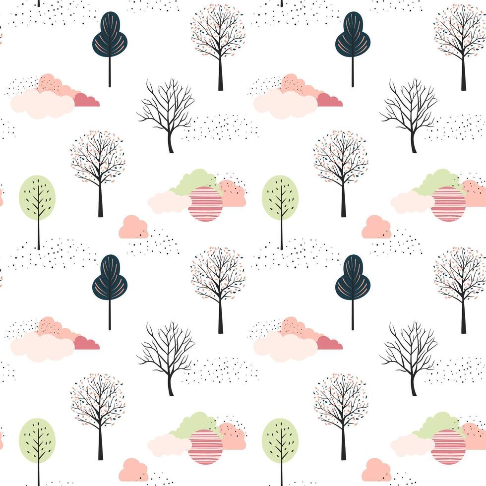 mignonne des arbres sans couture modèle. scandinave des arbres et des nuages vecteur fond d'écran. puéril fantaisie Contexte.