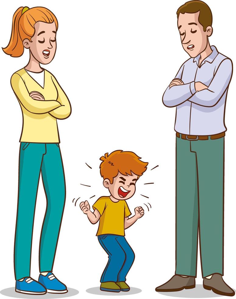 Parents et les enfants ayant un argument. vecteur illustration dans dessin animé style.