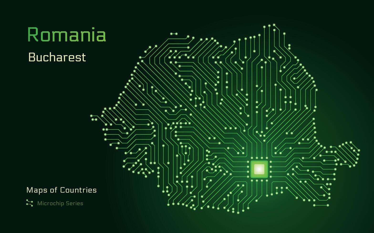 Roumanie carte avec une Capitale de Bucarest montré dans une puce électronique modèle. gouvernement électronique. monde des pays vecteur Plans. puce électronique séries