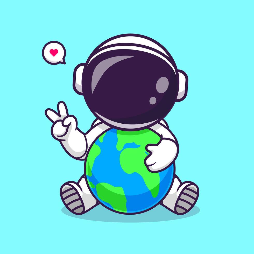 mignonne astronaute en portant Terre avec paix signe dessin animé vecteur icône illustration. science La technologie icône concept isolé prime vecteur. plat dessin animé style