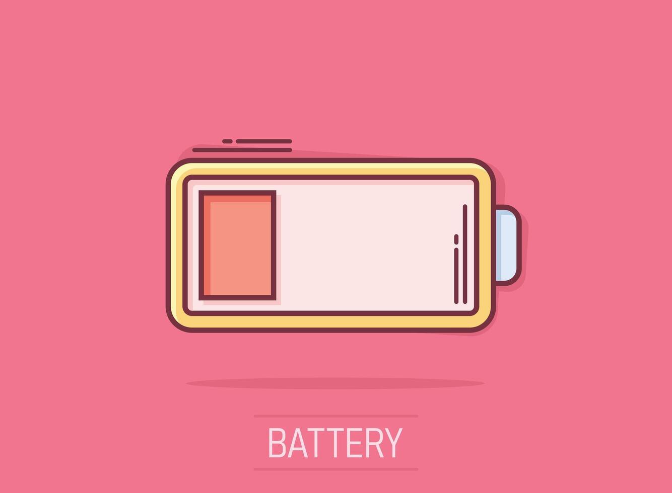 batterie charge icône dans bande dessinée style. Puissance niveau dessin animé vecteur illustration sur isolé Contexte. lithium accumulateur éclaboussure effet affaires concept.