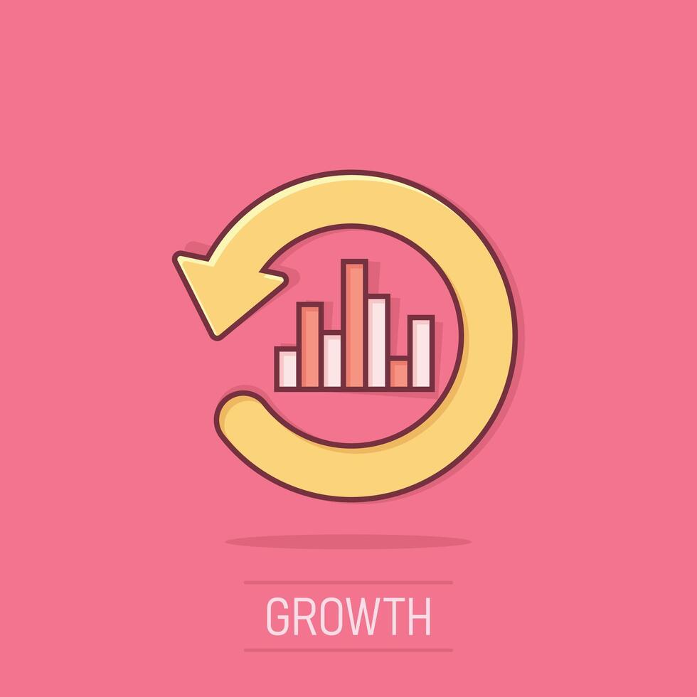 croissance bar graphique icône dans bande dessinée style. augmenter La Flèche dessin animé vecteur illustration sur isolé Contexte. infographie le progrès éclaboussure effet affaires concept.