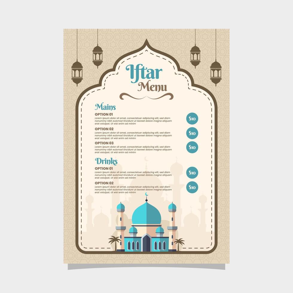 islamique iftar menu conception vecteur avec mosquée illustration