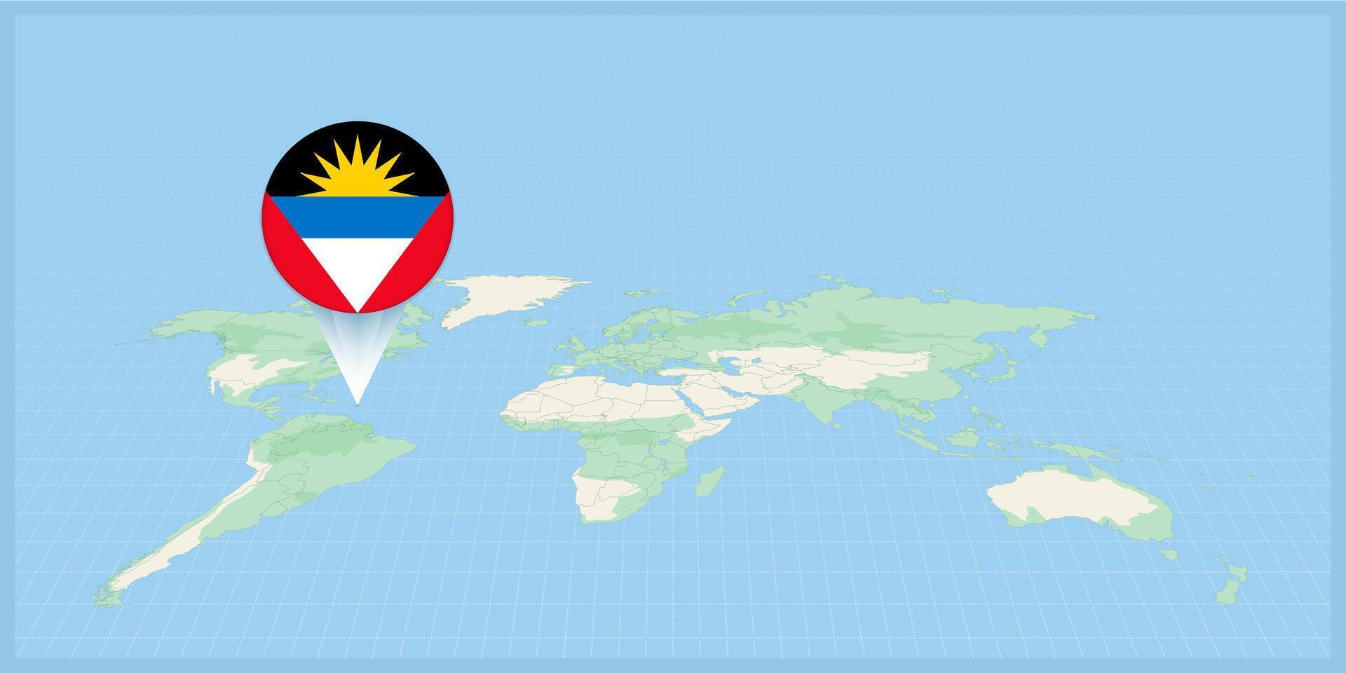 emplacement de antigua et Barbuda sur le monde carte, marqué avec antigua et Barbuda drapeau broche. vecteur