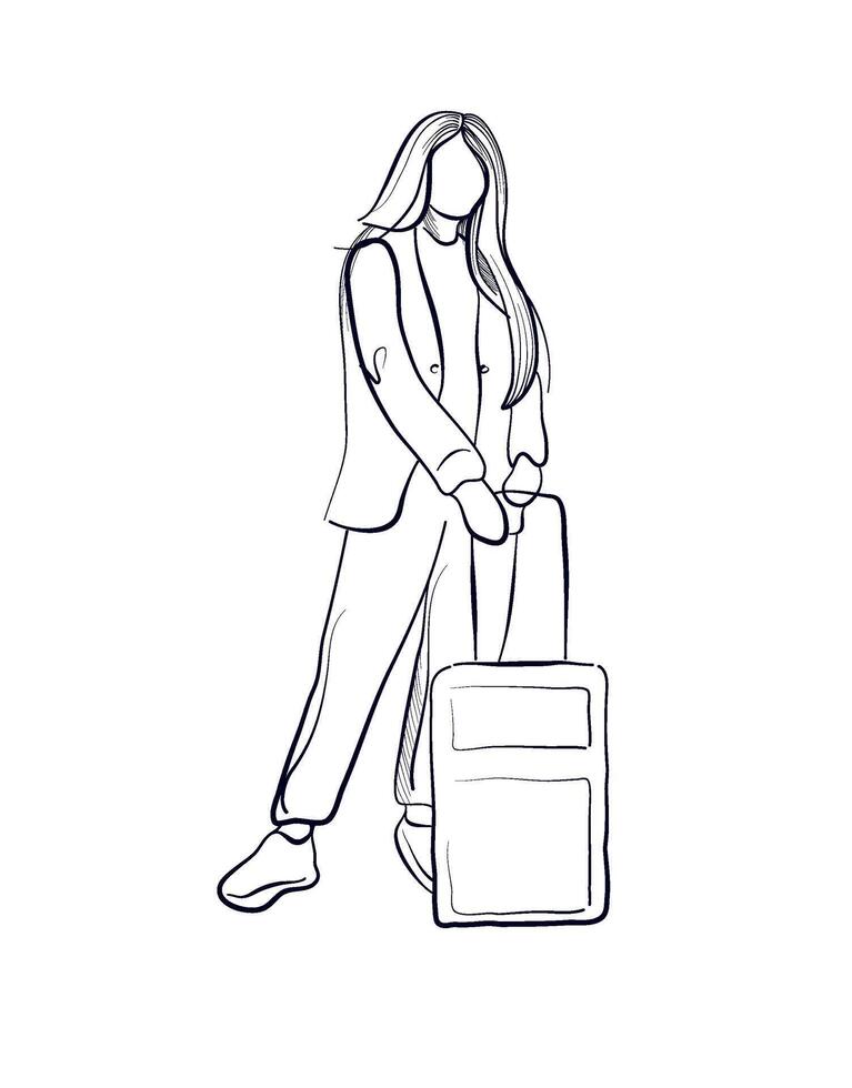 dessiné à la main dessin de une femme avec une valise vecteur