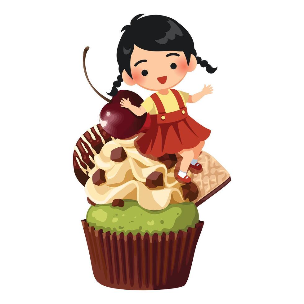 dessin animé illustration de une fille séance sur une grand petit gâteau vecteur