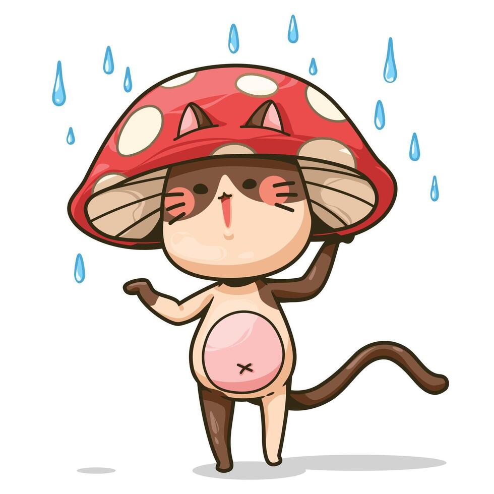 une chat portant une champignon chapeau et gouttes de pluie vecteur illustration