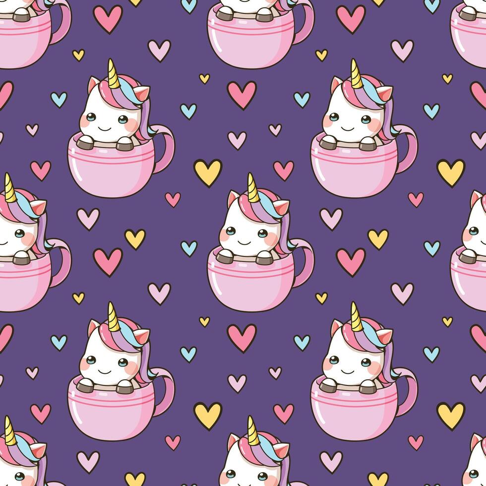 sans couture modèle peu Licorne dans une tasse de café dessin animé vecteur